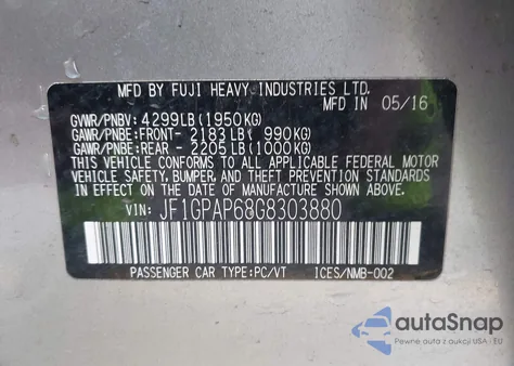 2016 Subaru Impreza 2.0I Sport Premium z USA, uszkodzony, nr VIN JF1GPAP68G8303880